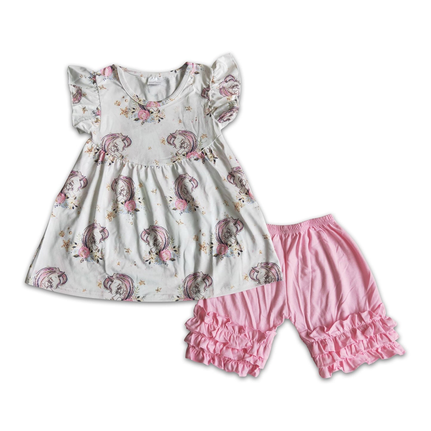 Unicorn print flutter sleeve shirt pink shorts girls clothing set