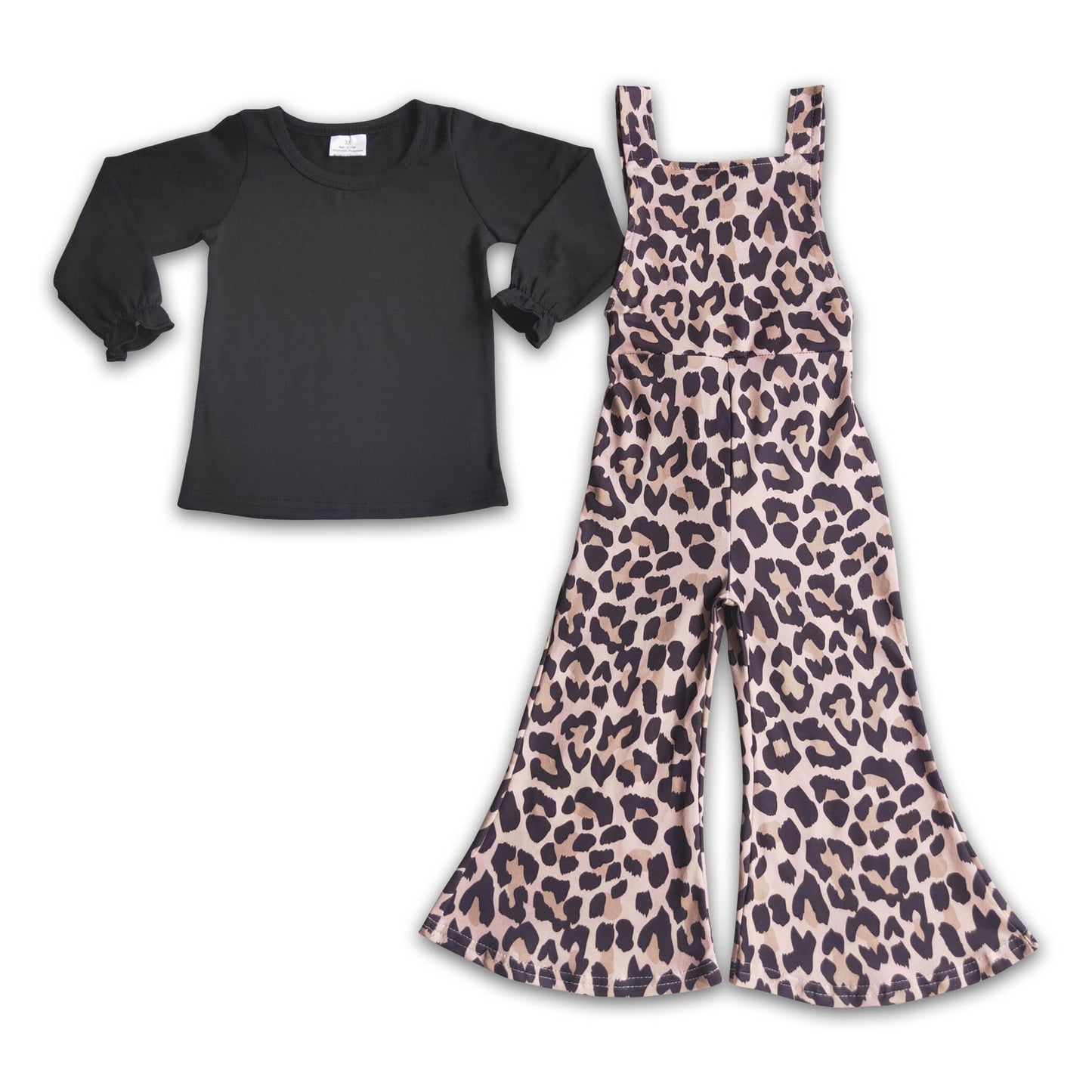 Black cotton shirt leopard print overalls girls clothing