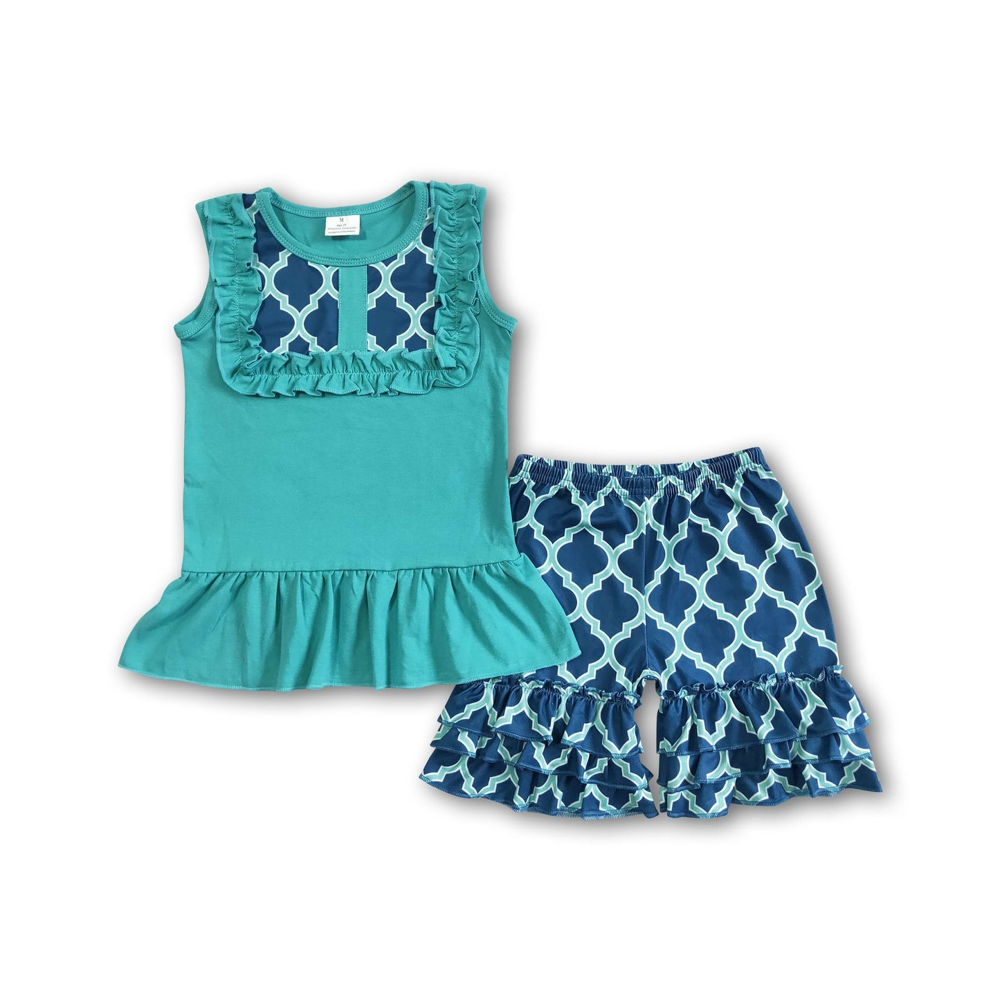 Sleeveless turquoise shirt ruffle shorts girls summer clothing