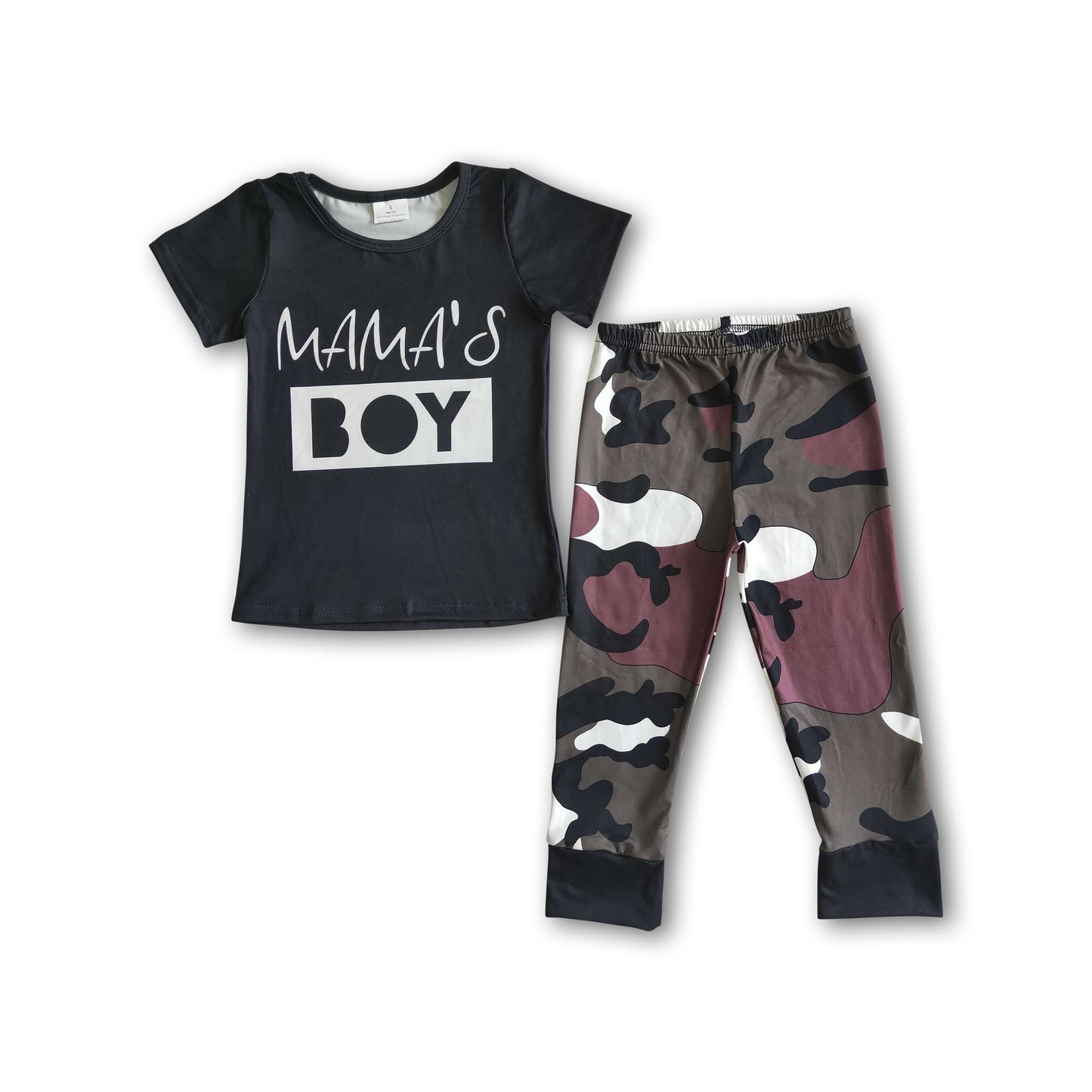 Mama's boy black shirt camo pants baby kids clothing set
