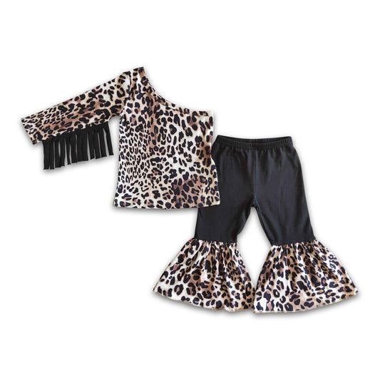Off shoulder leopard tassels shirt bell bottom pants girls outfits