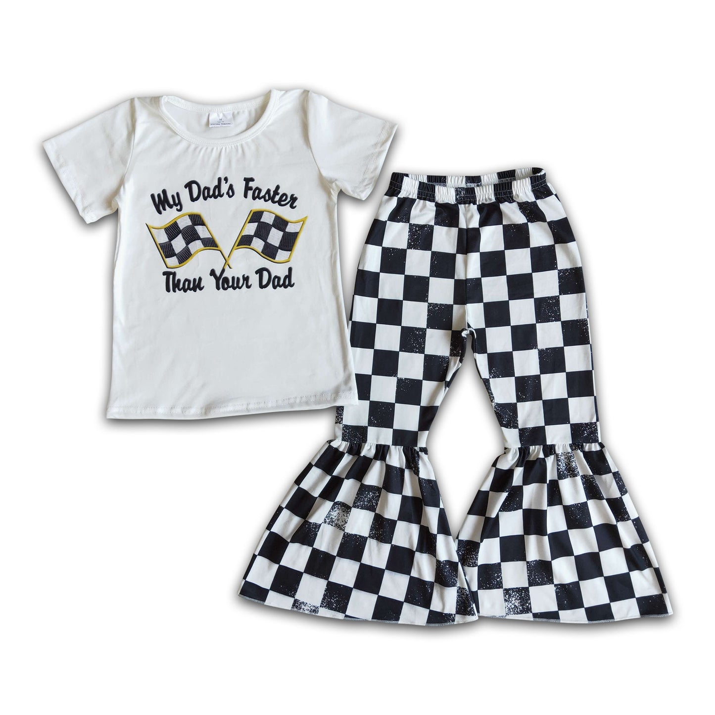 My dad's faster than your dad flag shirt plaid pants girls children clothing set