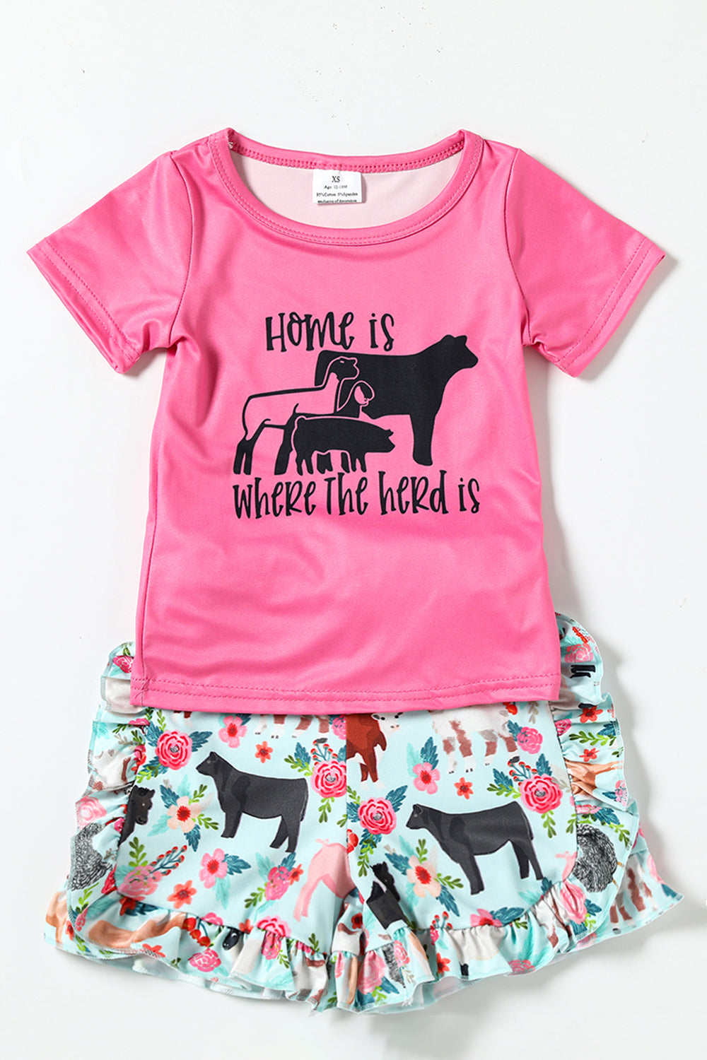 Pink screen print shirt farm shorts set