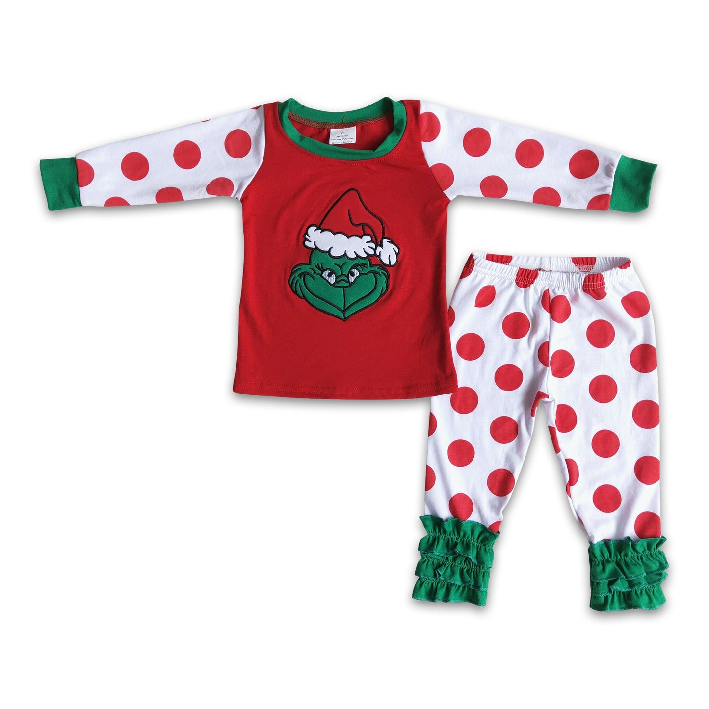 Cute green face embroidery girls cotton Christmas pajamas