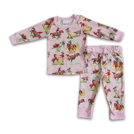 Horse print pink girls long sleeve pajamas