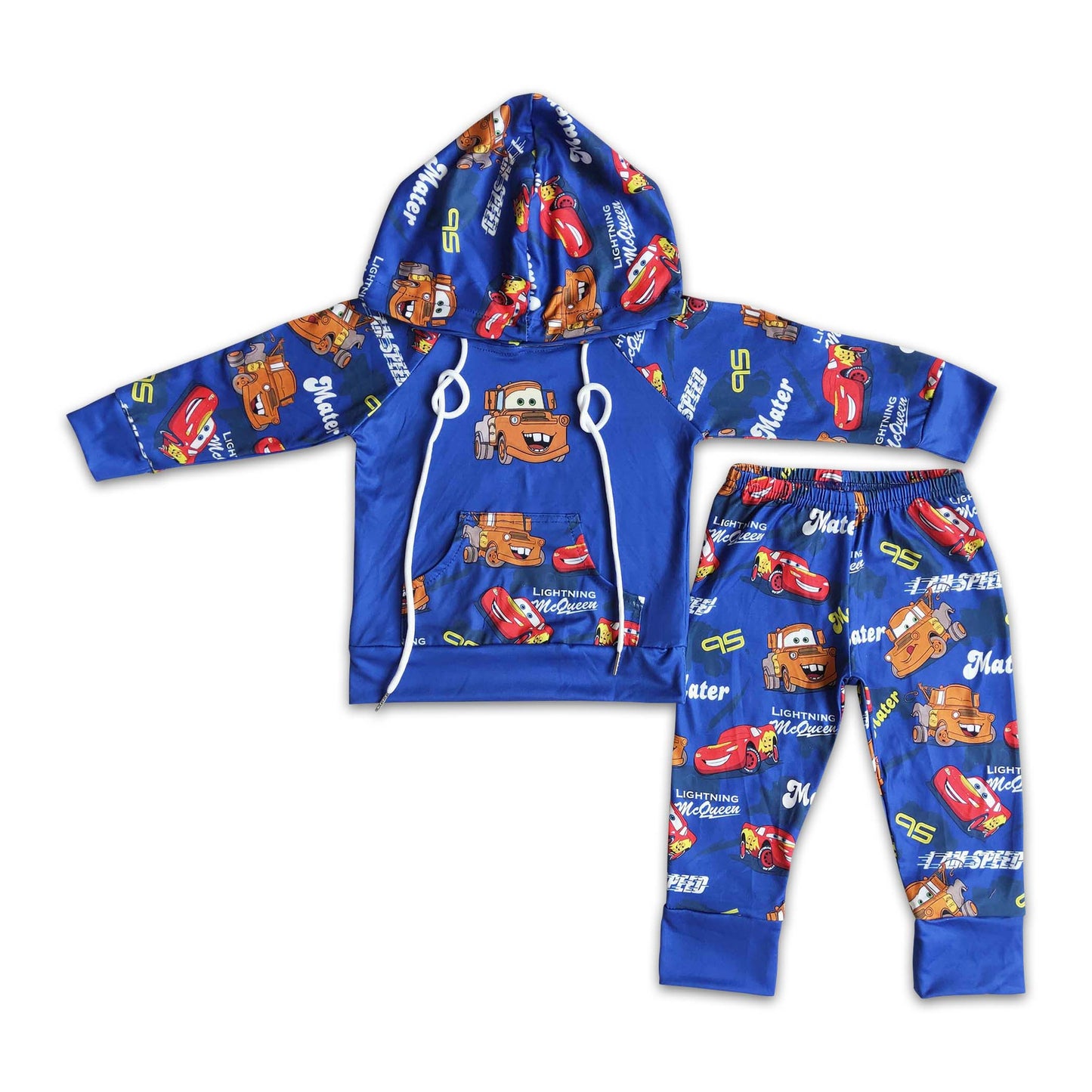 Car print blue long sleeve boy hoodie set