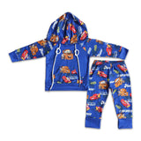 Car print blue long sleeve boy hoodie set