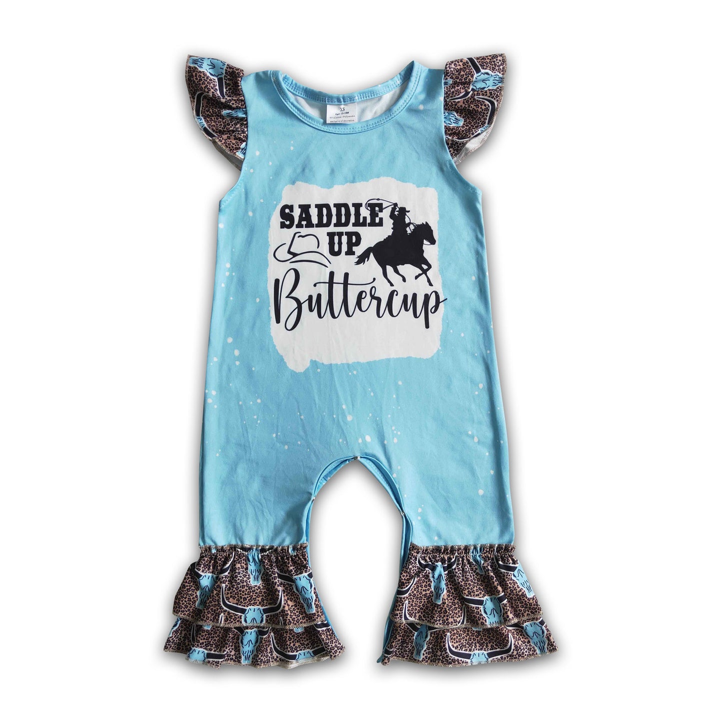 Saddle up buttercup flutter sleeve cow print baby romper