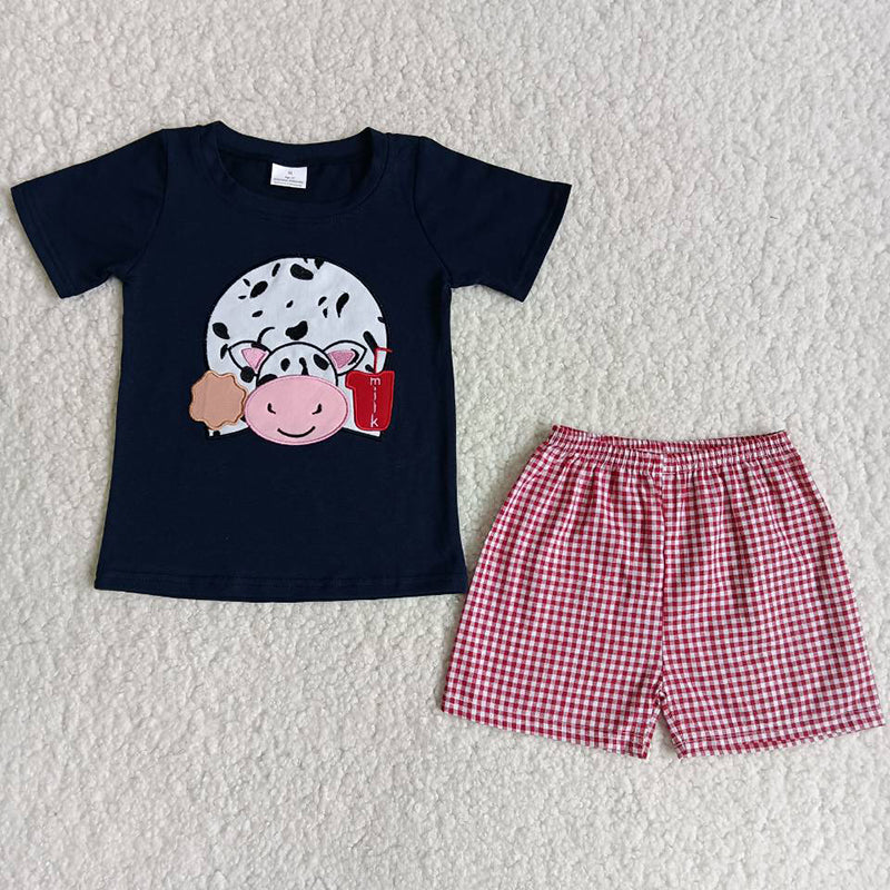 Cow embroidery boy summer outfits