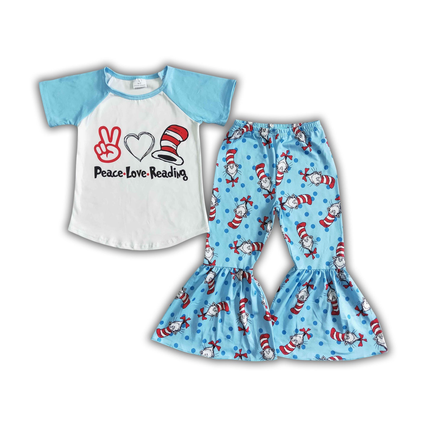 Blue Cat Short Sleeve Top & Blue Bell-bottomed Pants Outfit