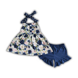 Blue floral backless tunic ruffle shorts girls outfits
