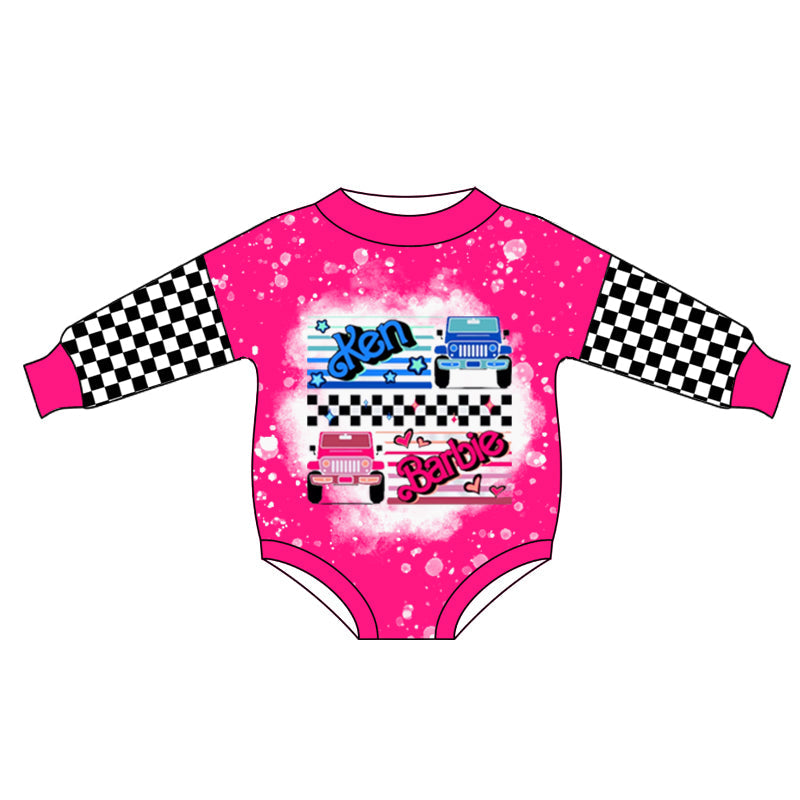 MOQ 5 PCS hot pink cars plaid party baby romper