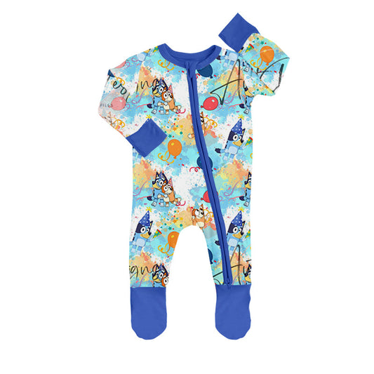 MOQ 5 PCS tie dye balloon dogs blue baby boy footed coveralls