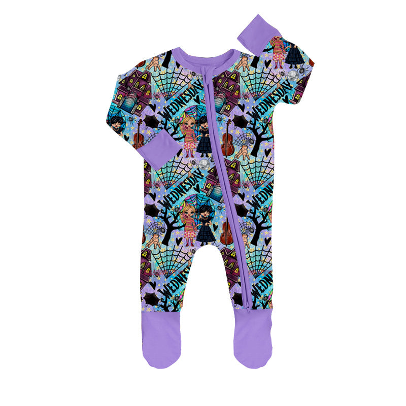 MOQ 5 PCS purple movie baby girls footed zipper coverall