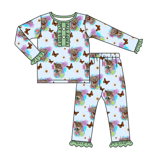 MOQ 5 highland cow butterfly long sleeves girls pajamas