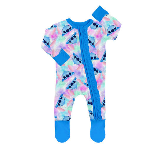 MOQ 5 PCS tie dye koala ruffle baby girls footed zipper coveralls