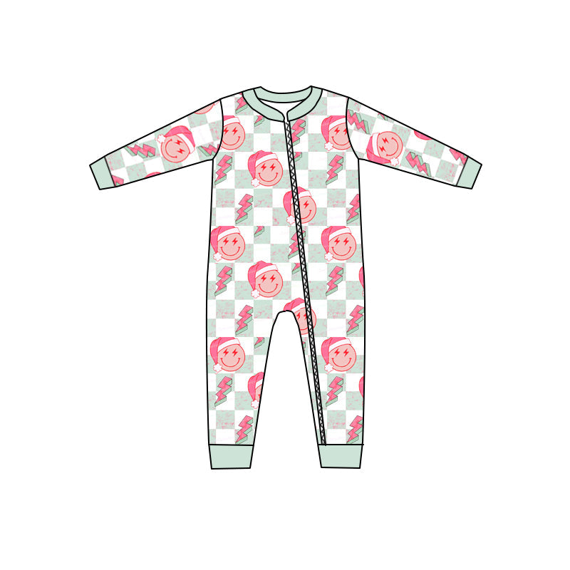 MOQ 5 PCS smile plaid Christmas hat baby kids zipper romper