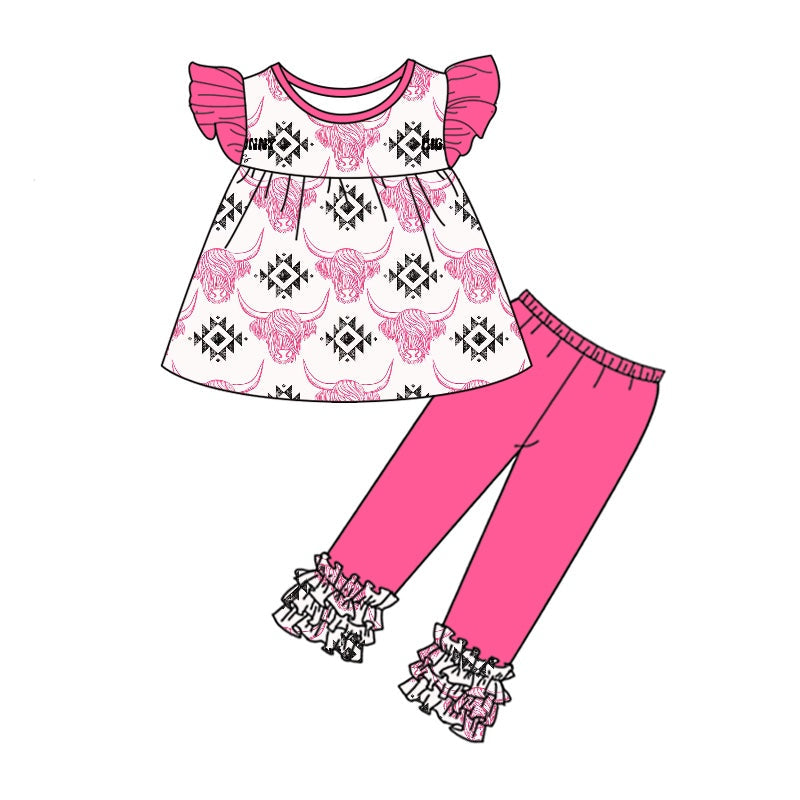 MOQ 5 highland cow aztec tunic hot pink leggings girls clothes