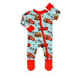 MOQ 5 PCS cars flag baby kids footed zipper coveralls
