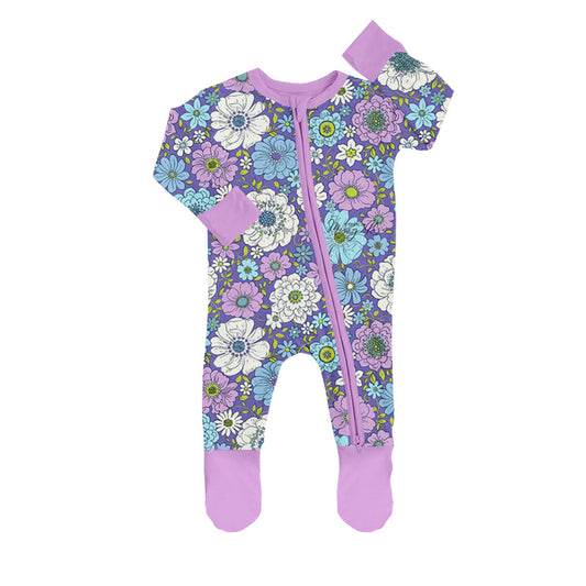 MOQ 5 PCS lavender floral baby girls footed zipper coverall