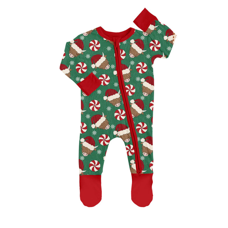 MOQ 5 PCS highland cow Christmas hat baby footed zipper coveralls