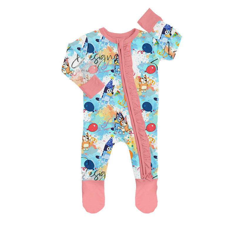 MOQ 5 PCS tie dye balloon dogs ruffle baby girl footed coveralls