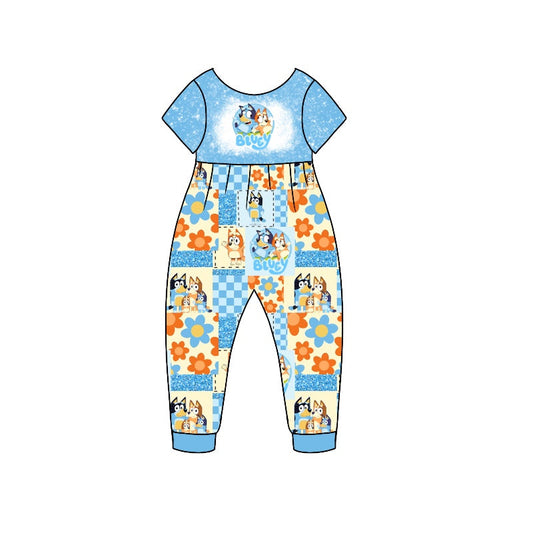 MOQ 5 PCS blue dog short sleeves patchwork baby romper