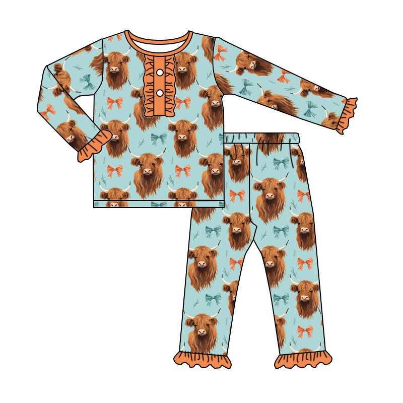 MOQ 5 highland cow bow long sleeves girls pajamas