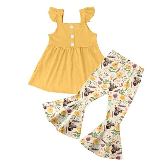 MOQ 5 PCS Yellow tunic floral girls clothing set