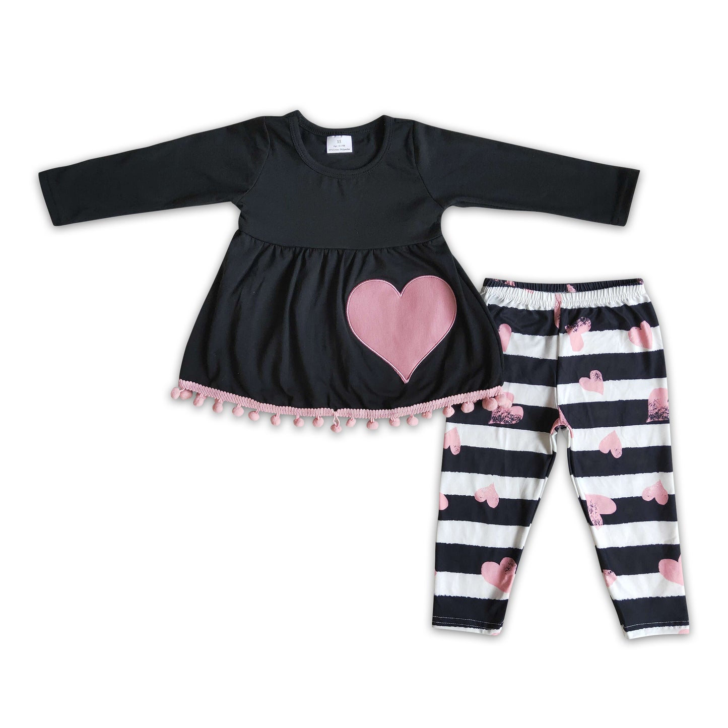 Heart embroidery pom pom tunic leggings set girls valentine's clothing
