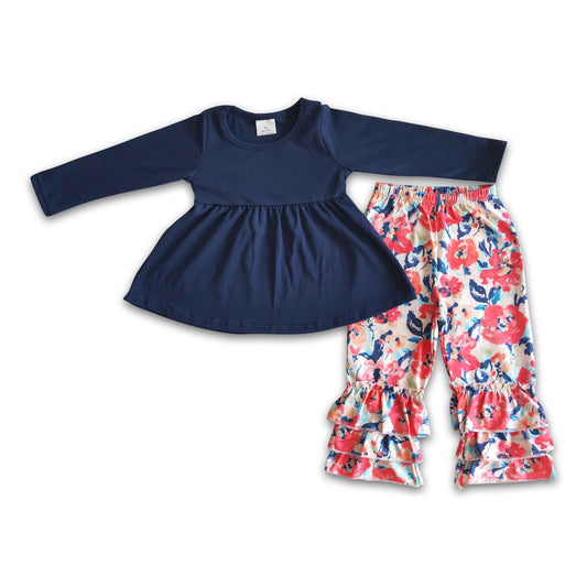 Navy cotton tunic match floral triple ruffle pants girls fall clothing