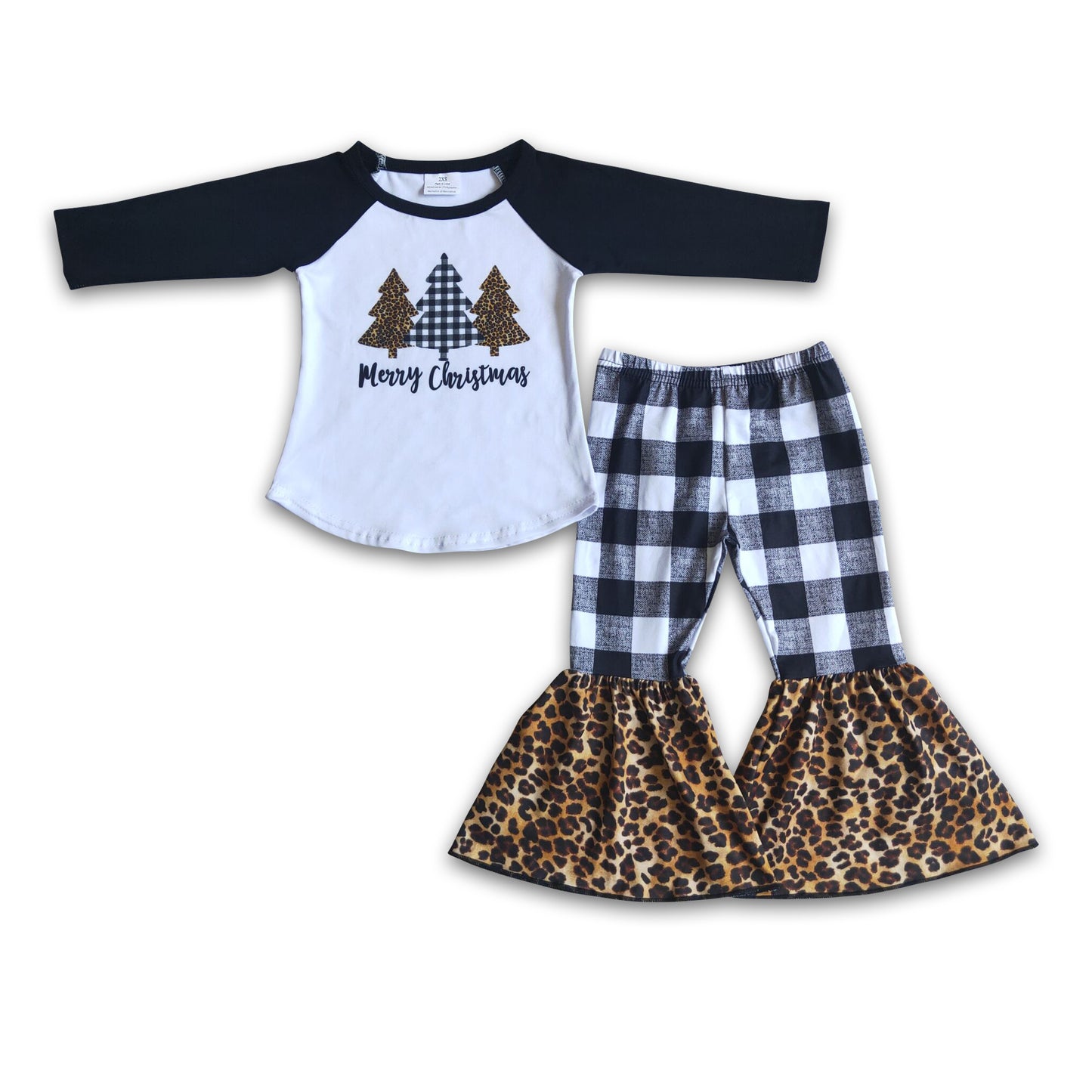 Merry Christmas plaid flare pants kids clothing set