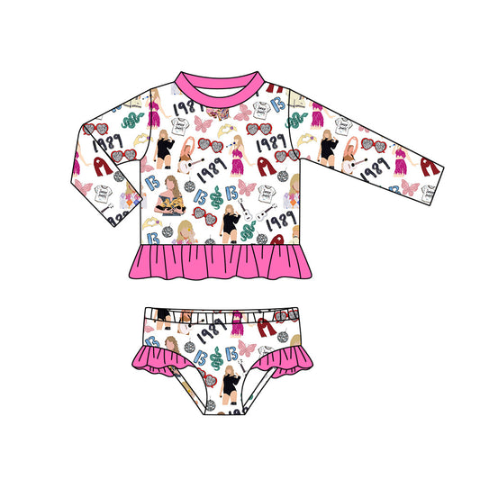 MOQ  3 long sleeves pink ruffle guitar butterfly singer girls swimsuit