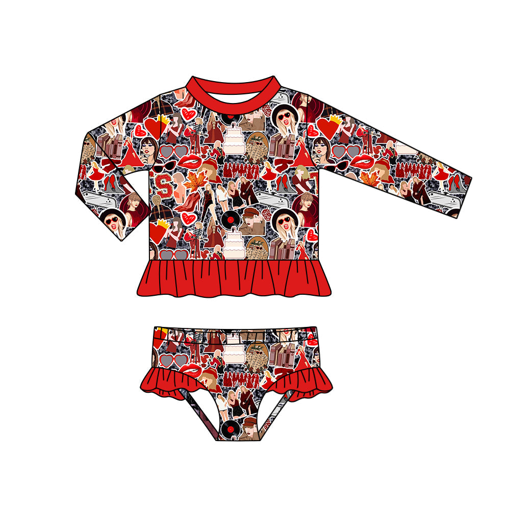 MOQ  3 long sleeves red ruffle heart singer girls swimsuit