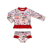 MOQ  3 long sleeves red ruffle sunglasses guitar singer girls swimsuit