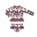 MOQ  3 long sleeves purple ruffle patchwork singer girls swimsuit