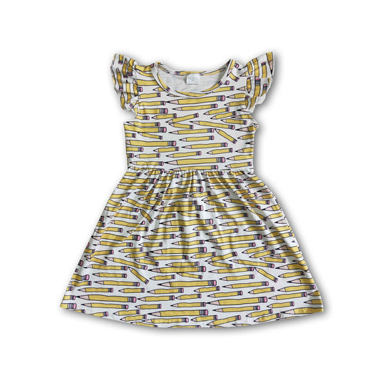 Yellow pencil print flutter sleeve baby girls back to school dresses