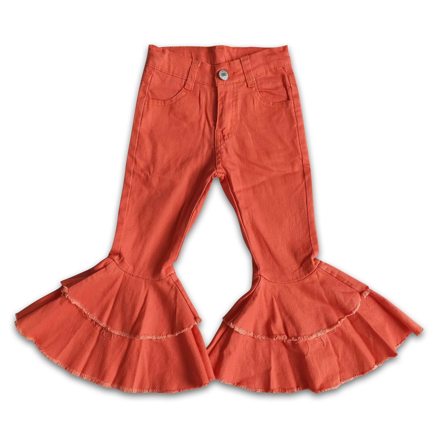 Watermelon red color adjustable waistband ruffle bell bottom denim pants
