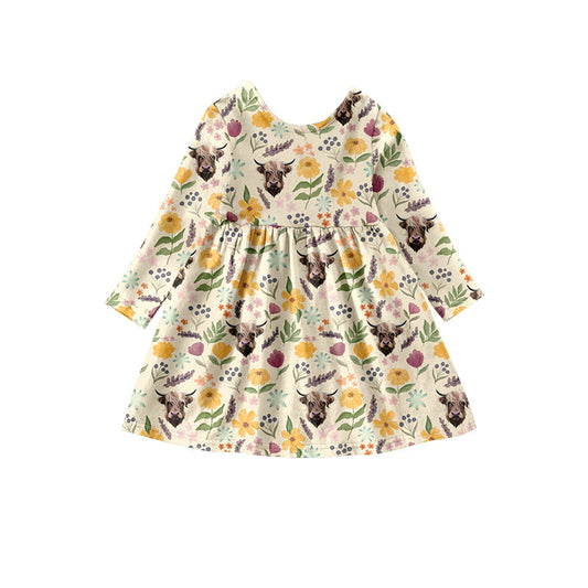 MOQ 5 PCS yellow cow floral long sleeves baby girls dress