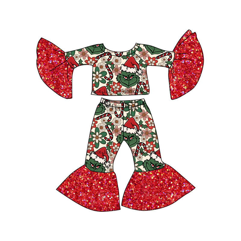 MOQ 5 green face floral sequin girls Christmas clothes