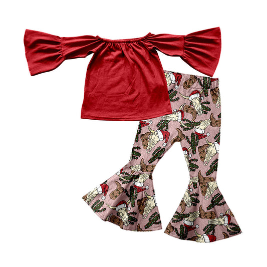 MOQ 5 red top bull skull Christmas hat girls outfits