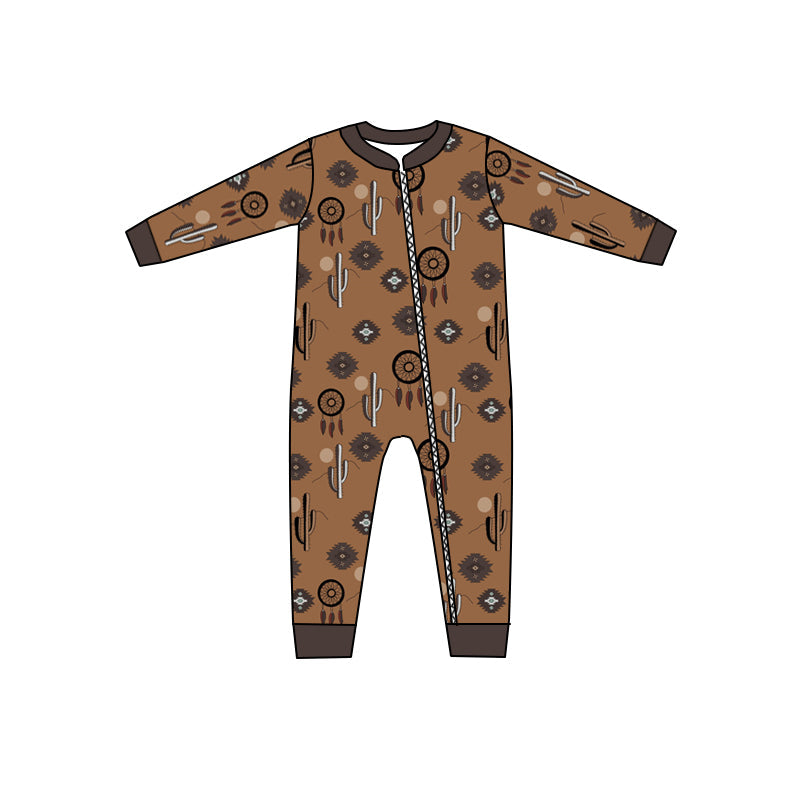 MOQ 5 PCS brown feather cactus baby boy zipper romper