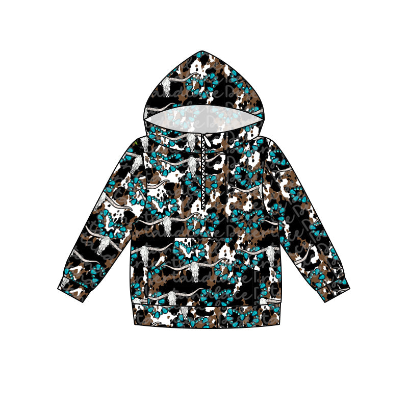 MOQ 5 turquoise bull skull baby kids hoodie