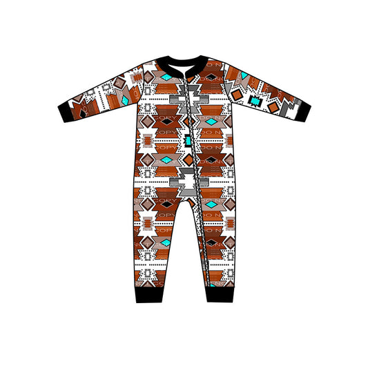 MOQ 5 PCS brown aztec long sleeves western baby boy zipper romper