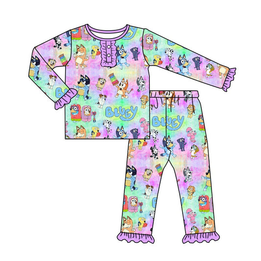 MOQ 5 tie dye dogs long sleeves baby girls pajamas