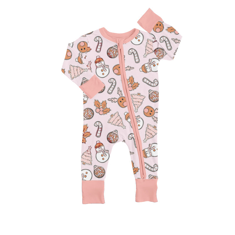MOQ 5 PCS pink snowman Christmas tree baby girls zipper romper