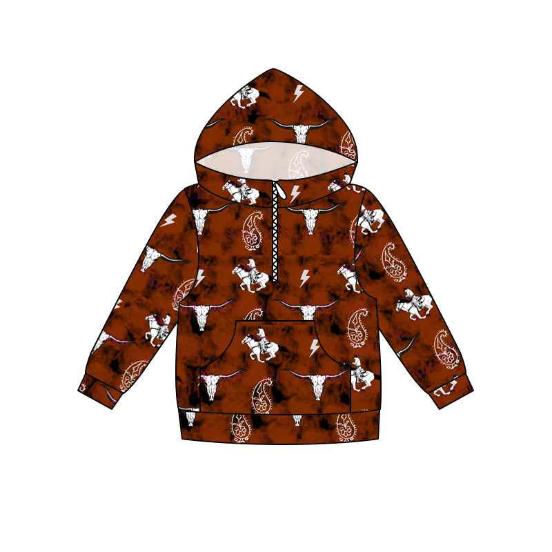 MOQ 5 brown bull skull kids western hoodie