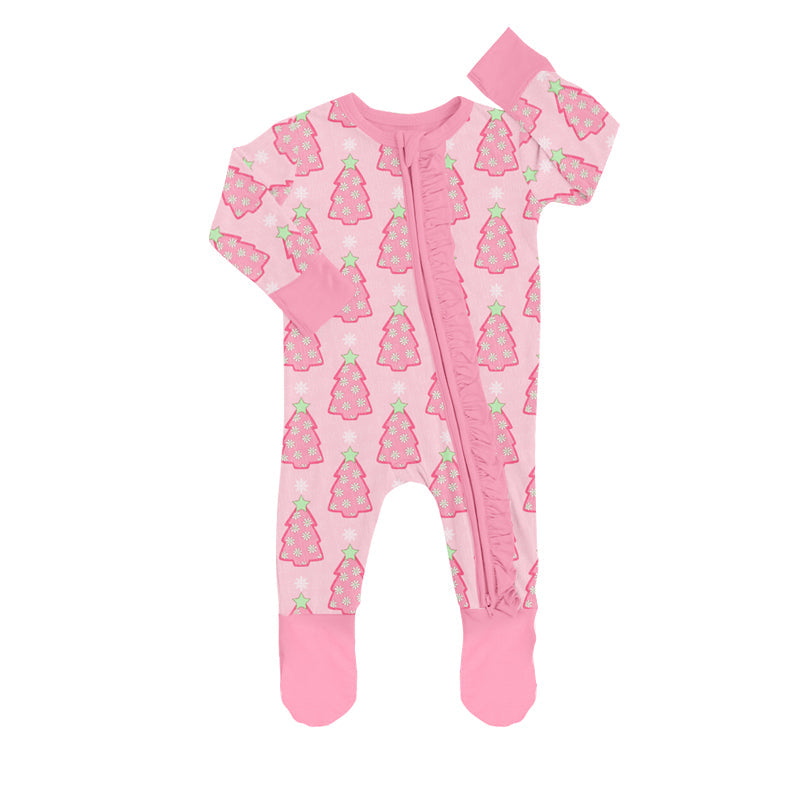 MOQ 5 PCS pink Christmas tree baby girls footed coverall