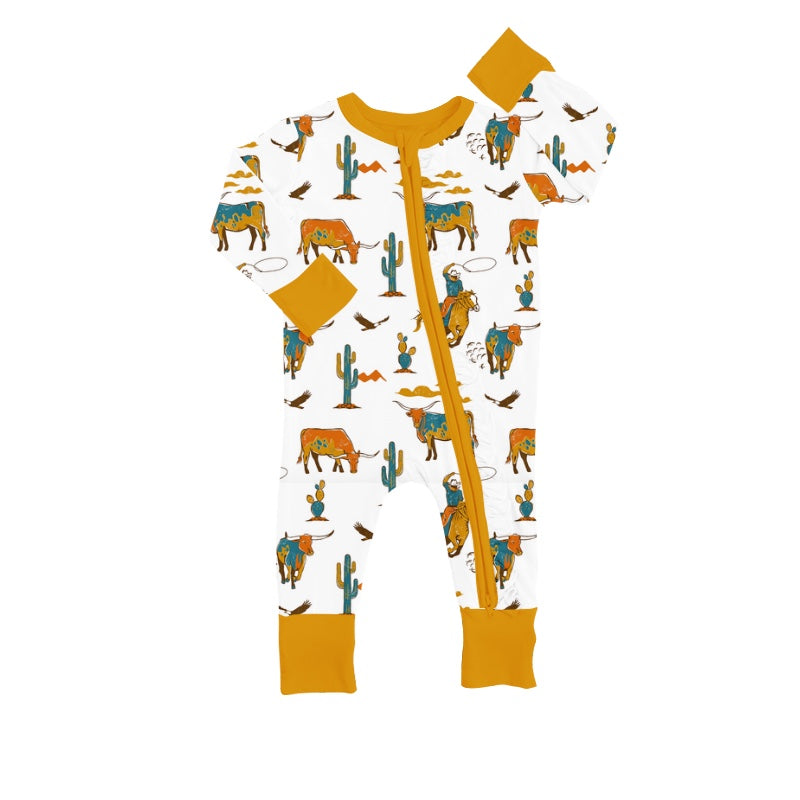 MOQ 5 PCS cactus cow rodeo western baby boy zipper romper