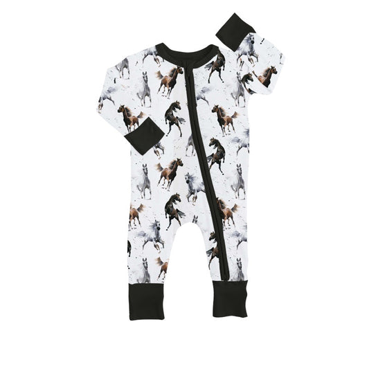 MOQ 5 PCS black horse long sleeves baby boy zipper romper